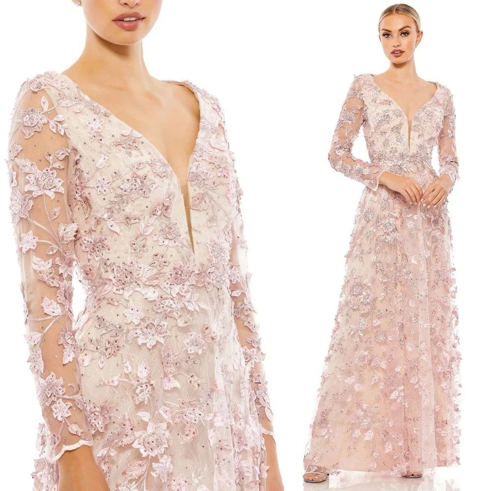 Mac Duggal Pink Floral Applique Long Sleeve Illusion Gown Dress Size 8 NWT - Picture 2 of 15
